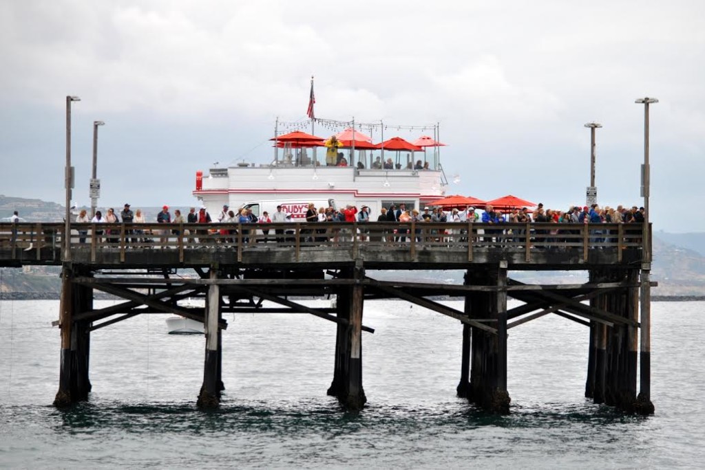A crowd of spectators gathers at the Newport Pier to cheer on racers at the start of the race. Laurie Morrison for NOSA photo.