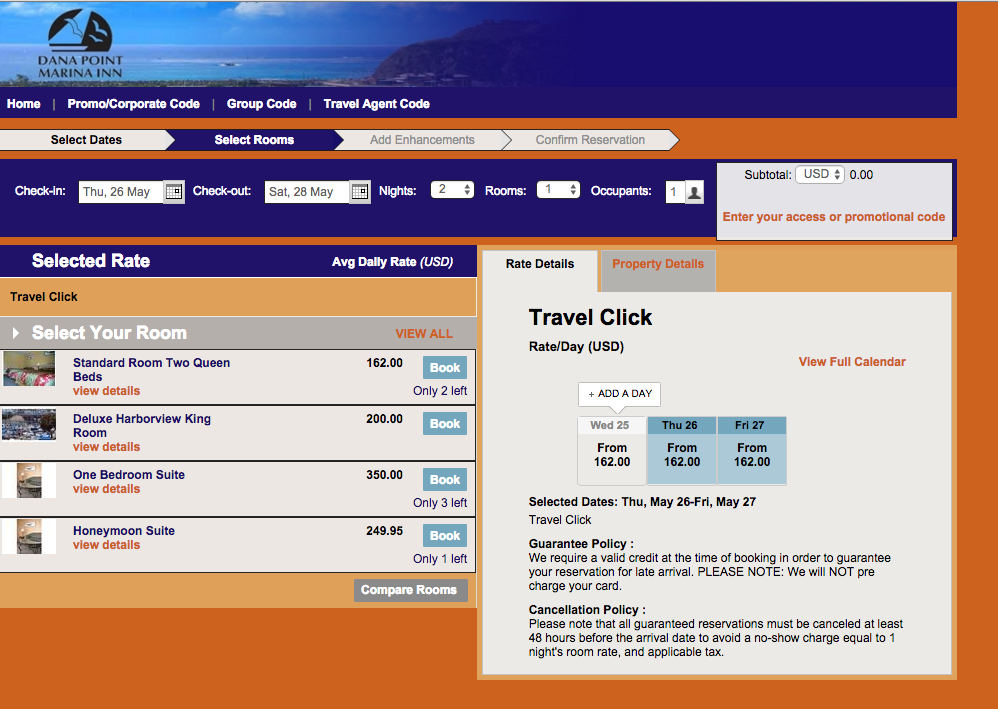 A screenshot of hotel rates at Dana Point Marina Inn for May 26-27.