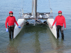 Steve Stroebel and Matt Morris launch their F18 for Cat Fight 2. Morris, on left, returned to racing after having a seizure after last year's Cat Fight. Morris underwent brain surgery and came back to win Cat Fight 2 this year.Photo courtesy of Melody Le Patourel