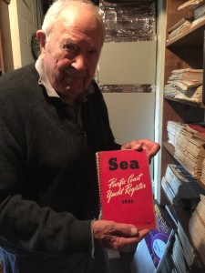 The basement of David Fraser’s Newport Beach home is filled with hundreds of archival material, including this 1941 issue of the Pacific Coast Yacht Register. Some books on Fraser’s shelves date back to the 1800s.Parimal M. Rohit photo 