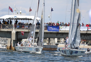 Spectators view the competition of the Congressional Cup match races from The Long Beach Belmont Veterans Memorial Pier. (Betsy Crowfoot/LBYC photo)